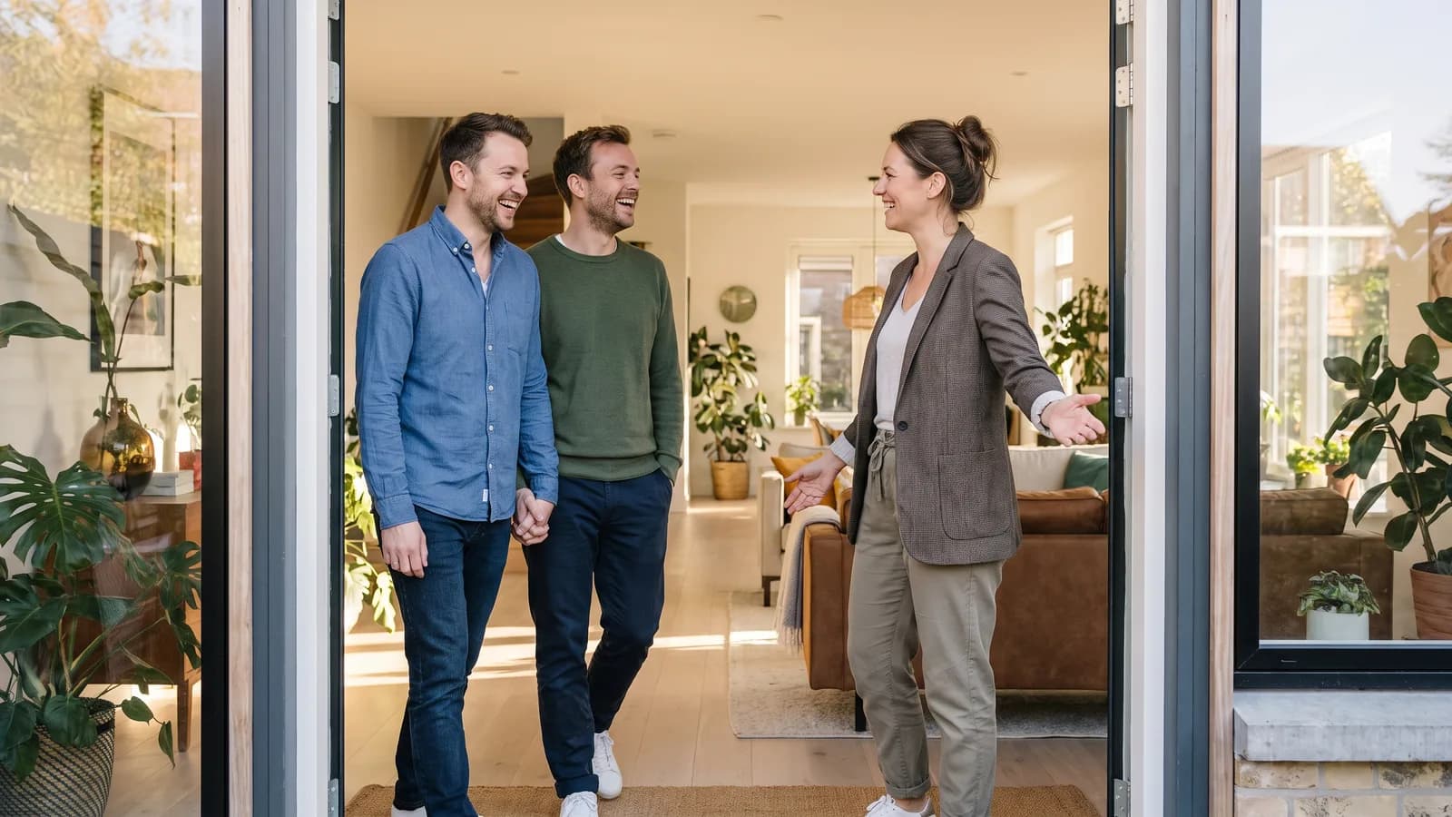 A real estate agent welcoming a couple into a home for a walk-through