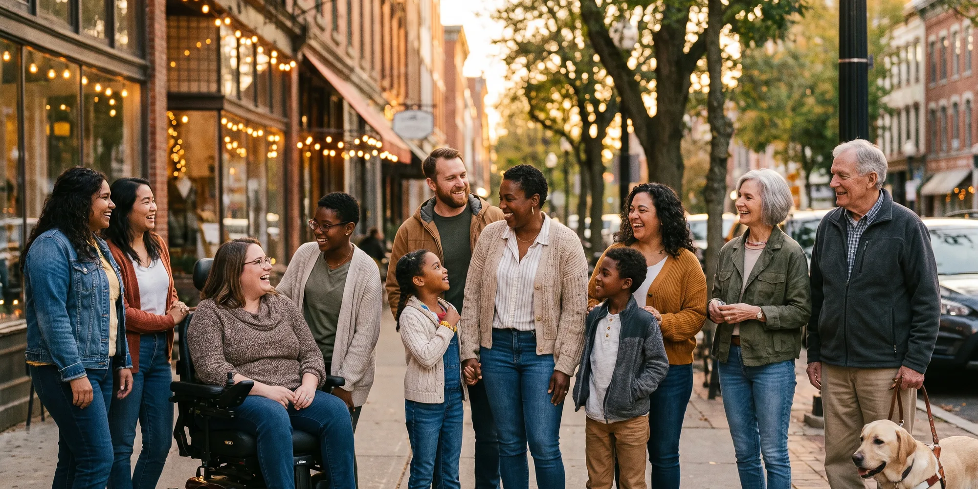 Neighbors talking outside a row of local businesses