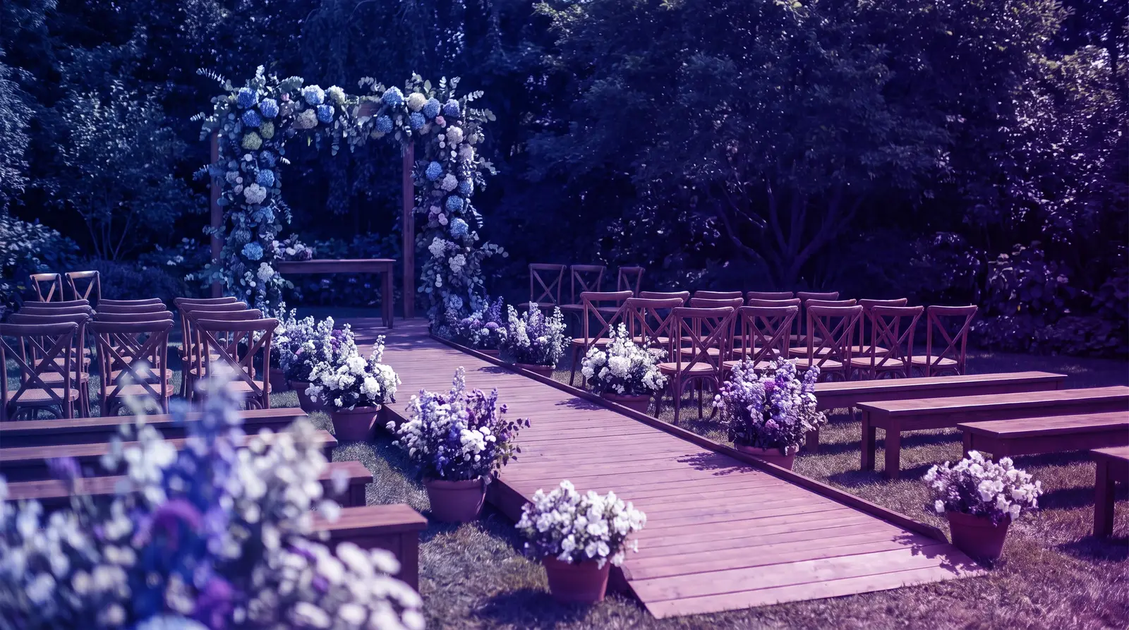 A step-free ramp and wide aisle at an outdoor wedding ceremony