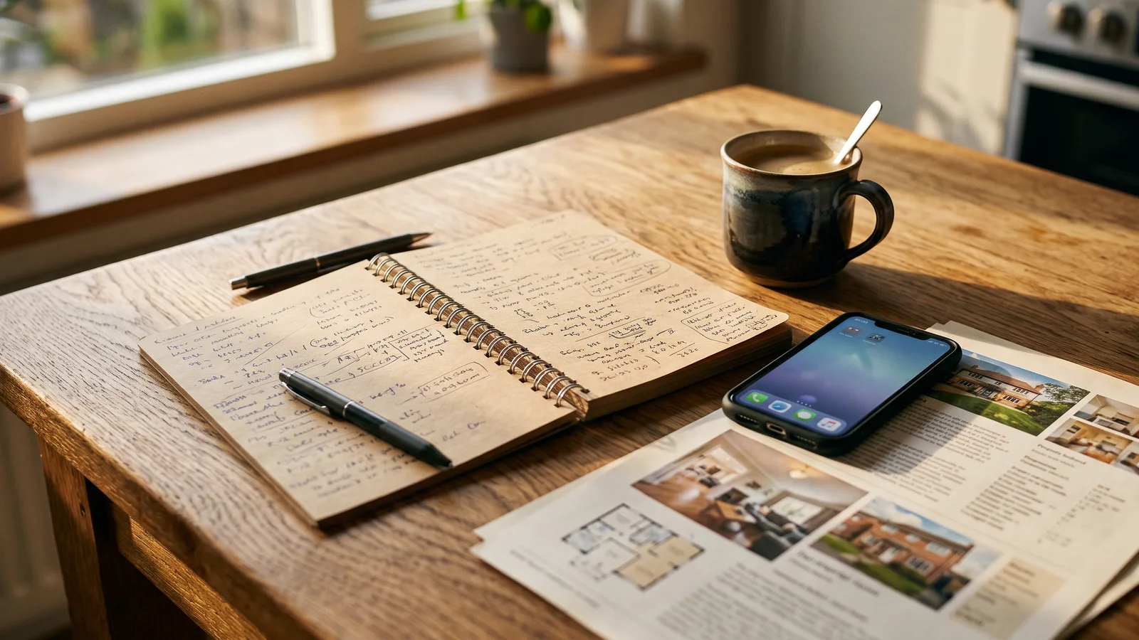 Handwritten notes, a phone, and printed property listing sheets on a kitchen table, the record a homebuyer keeps of every showing