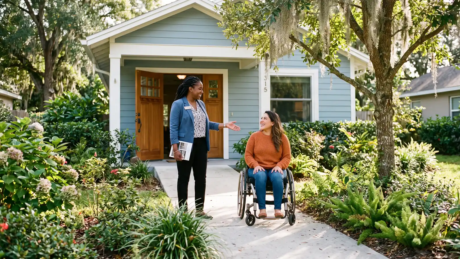 A real estate agent showing a wheelchair user the step-free entrance of a single-story home