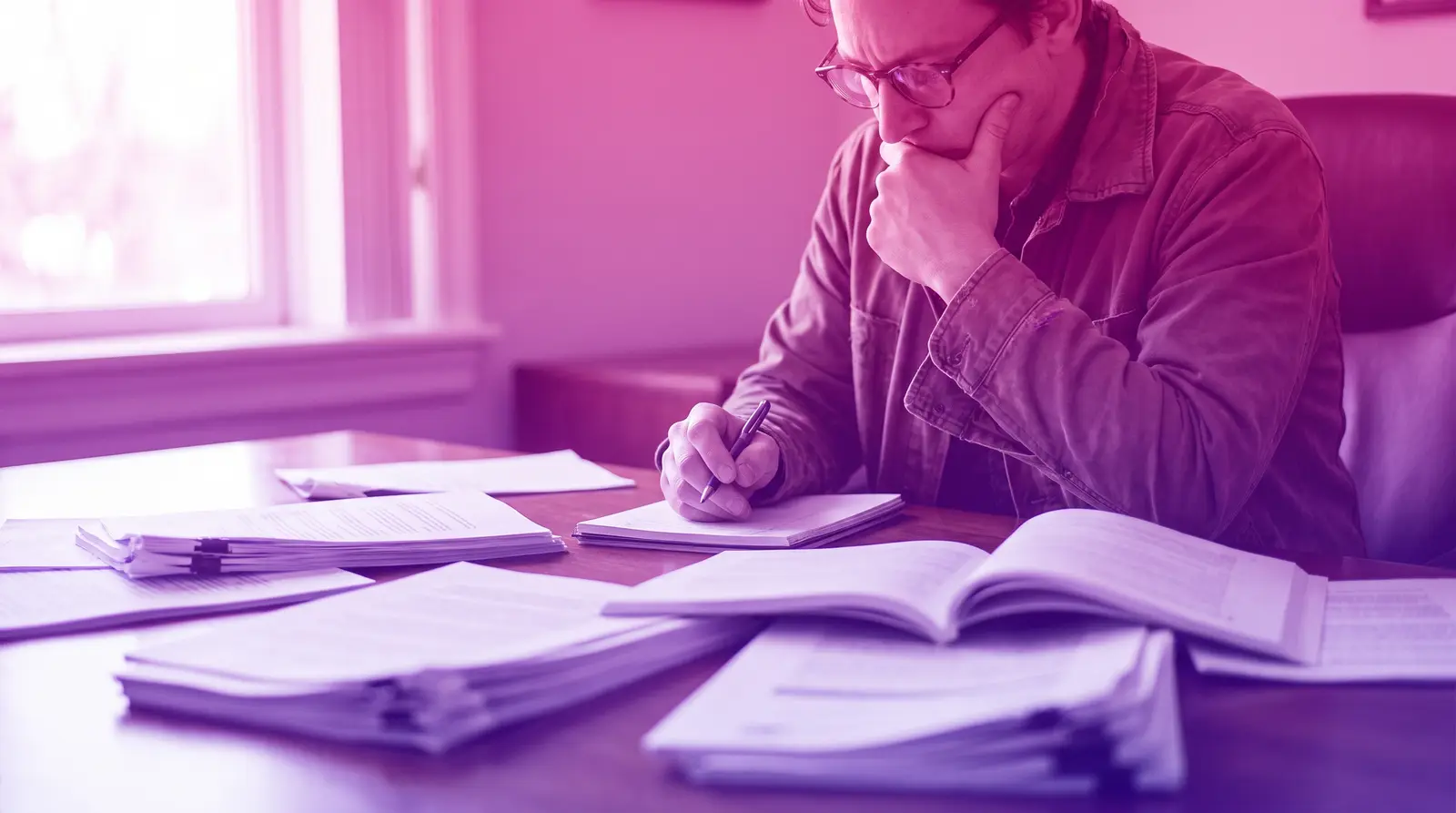 A person compares a company's public documents and policies on a desk