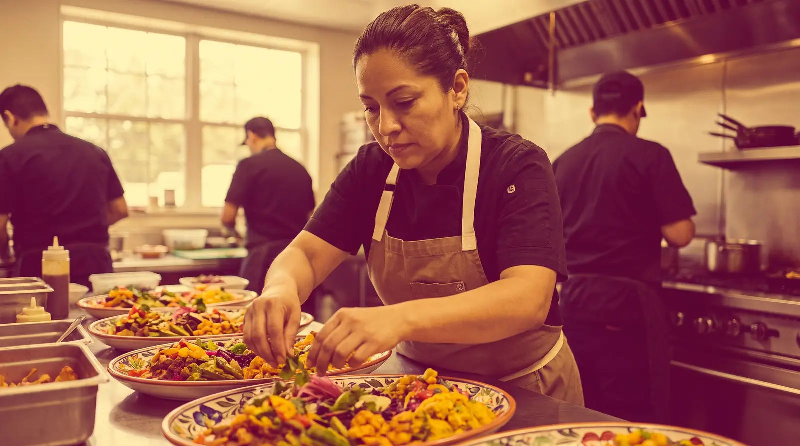A Latina caterer plates traditional dishes for a wedding