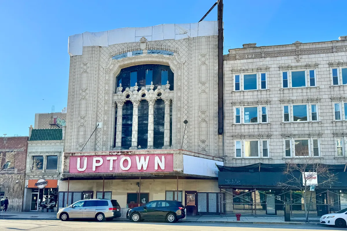 The terra-cotta facade of the Uptown Theatre at Broadway and Lawrence Avenue