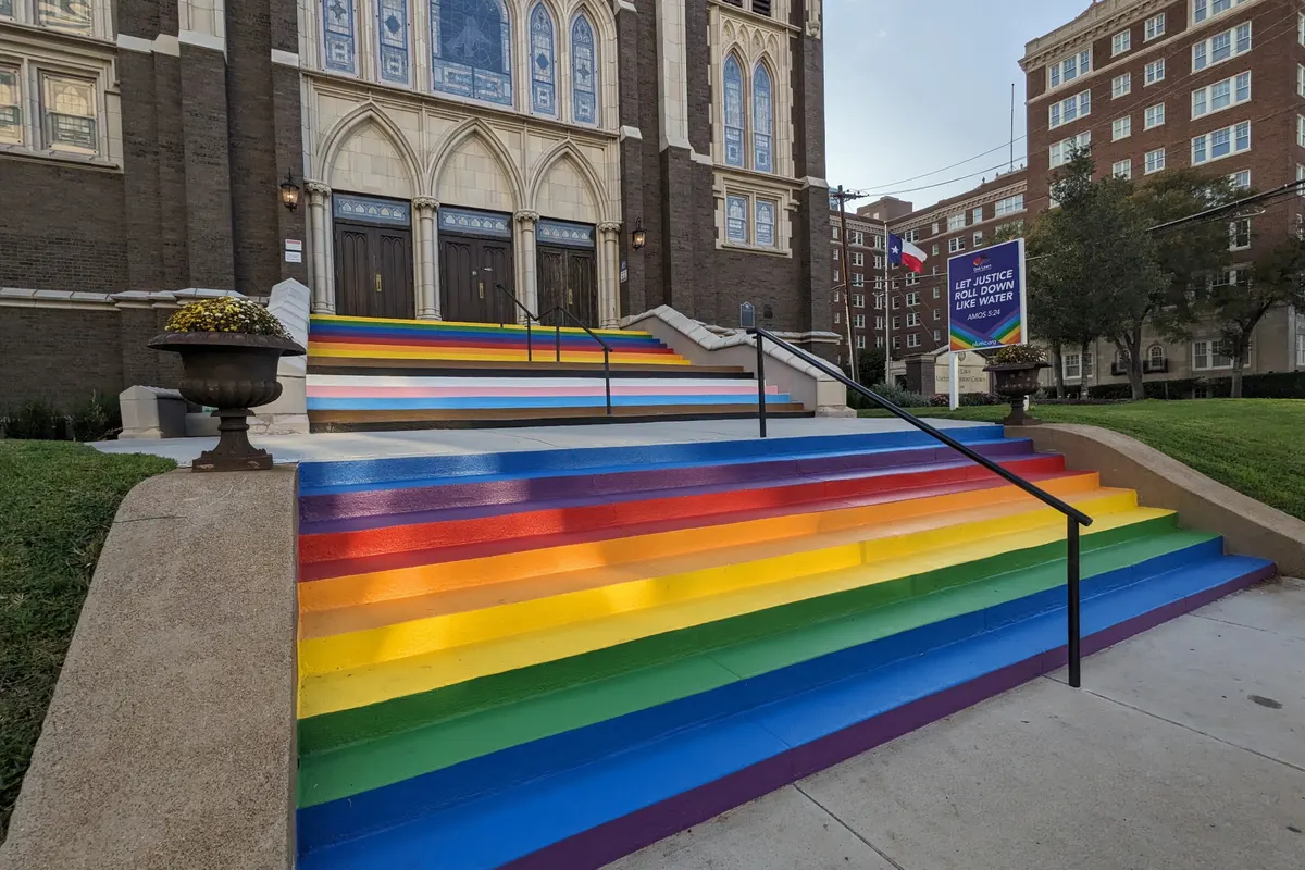 Rainbow-painted front steps leading up to Oak Lawn United Methodist Church in Dallas