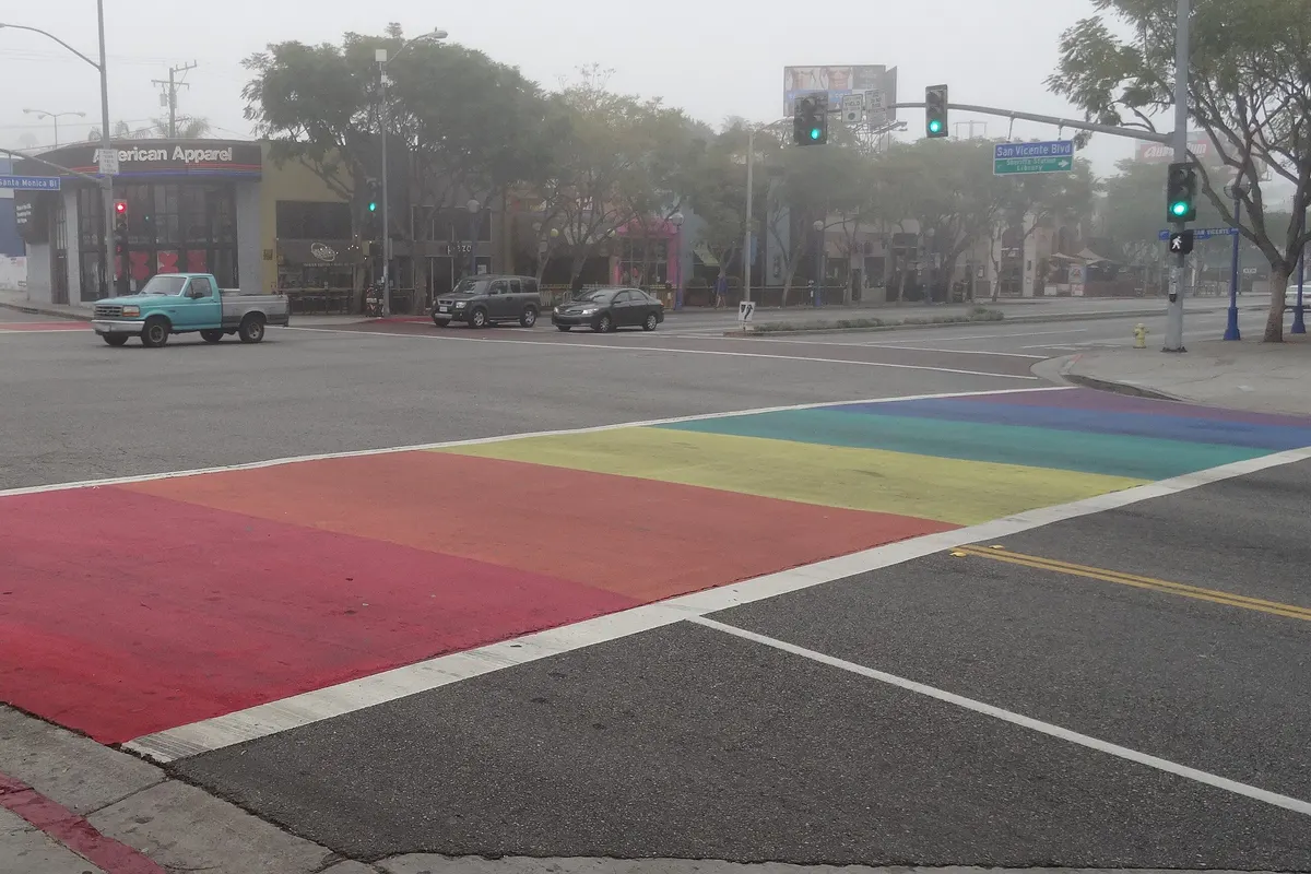 The rainbow crosswalk at San Vicente Boulevard and Santa Monica Boulevard in West Hollywood