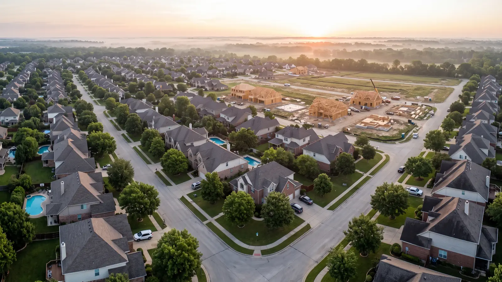 Aerial view of an American suburban neighborhood at sunrise, streets of single-family homes with mature trees