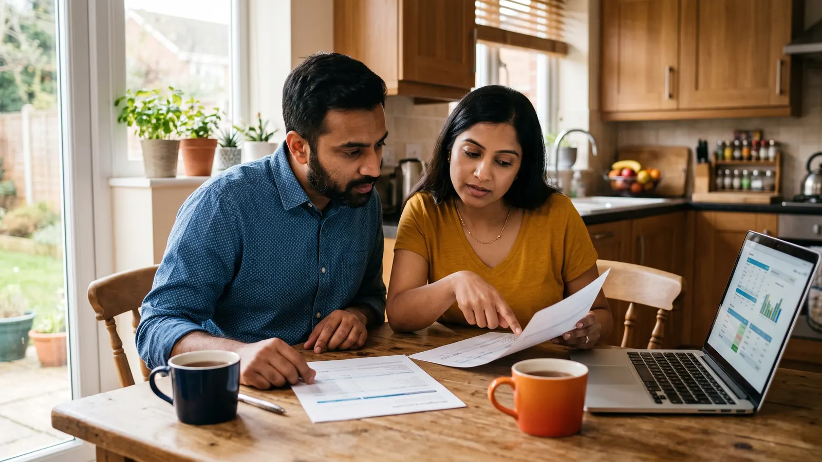 A couple reviewing mortgage paperwork and comparing loan estimates at a kitchen table