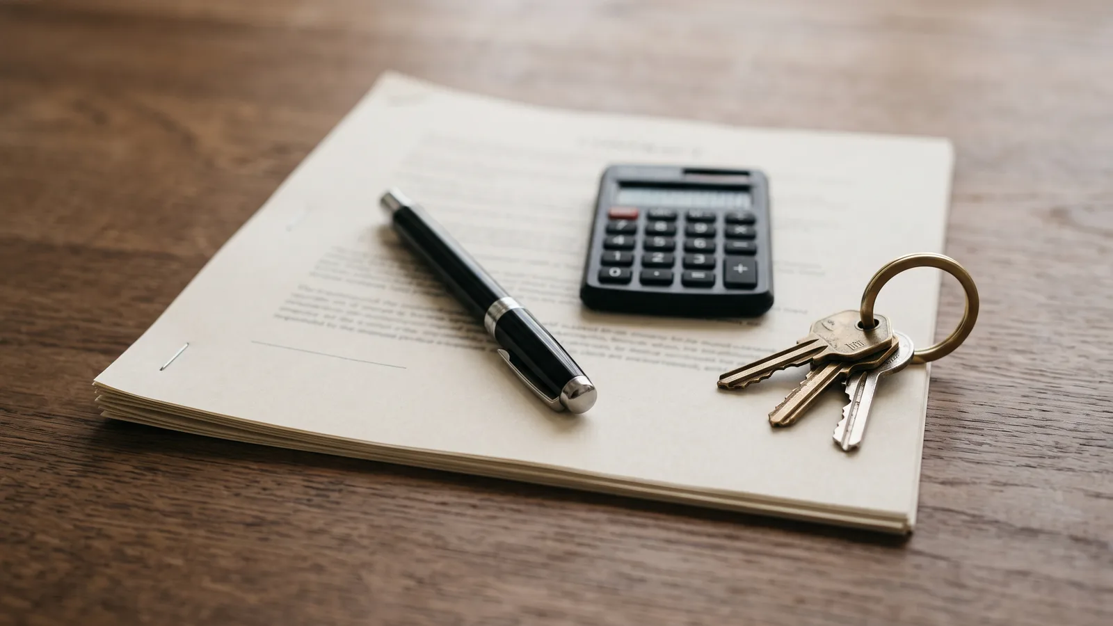 A signed buyer agency agreement on a desk with a pen, a calculator, and a set of house keys