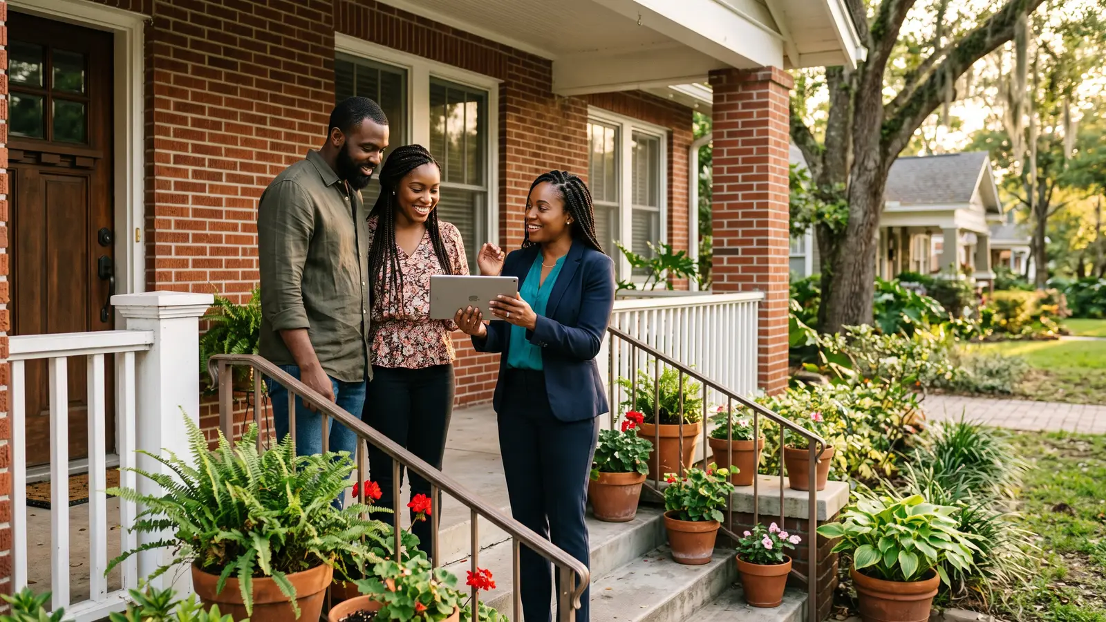 A real estate agent going over listing details on a tablet with a couple on the front porch of a home
