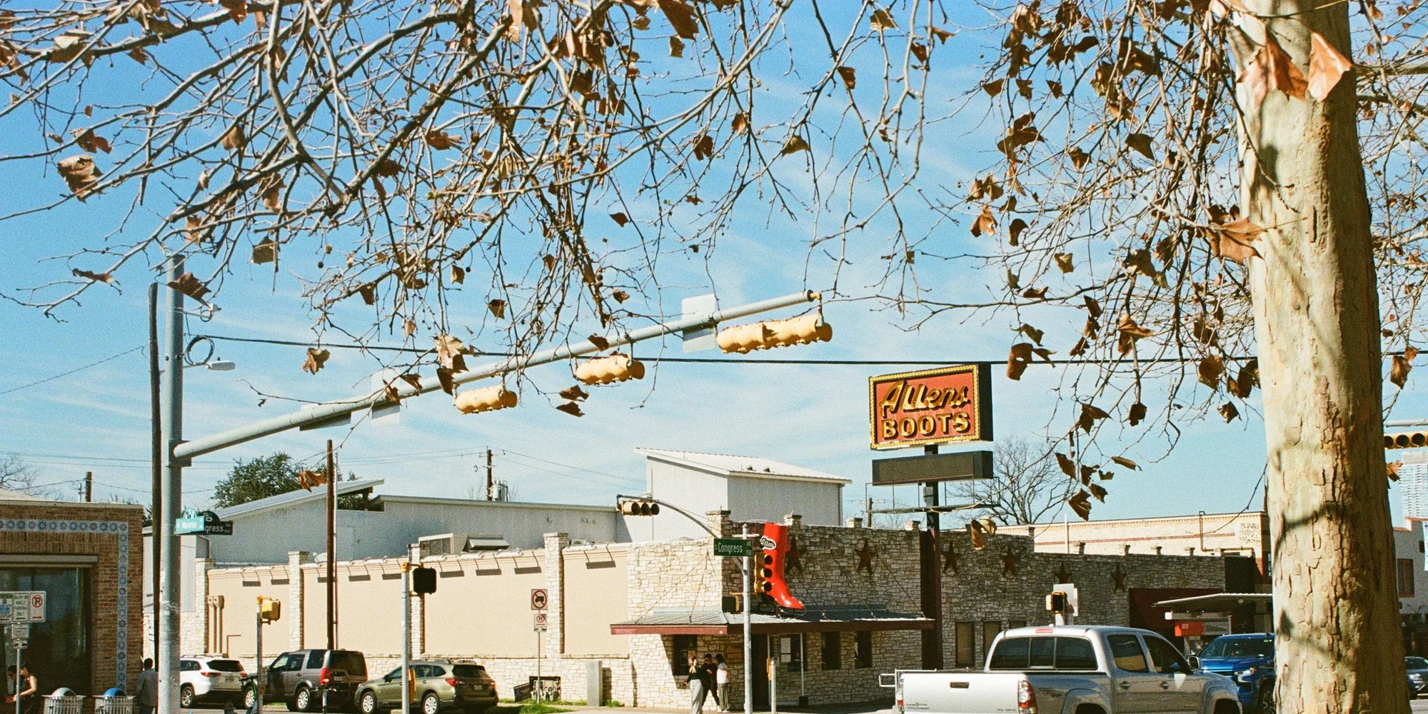 The Allens Boots storefront and its neon sign on South Congress Avenue in Austin