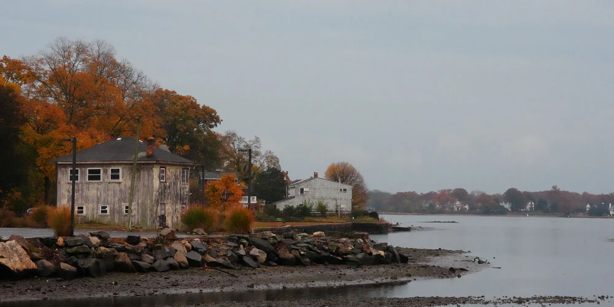Waterfront houses on the Fairfield County shore in autumn