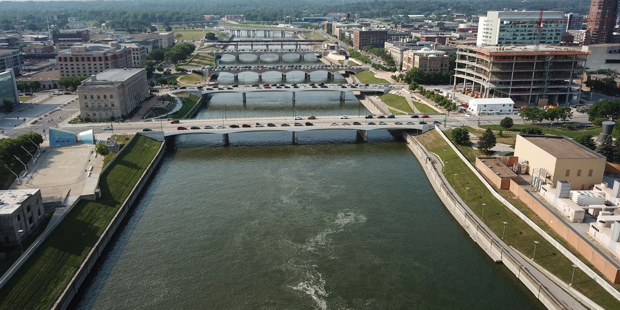 An aerial view of the Des Moines River and its downtown bridges