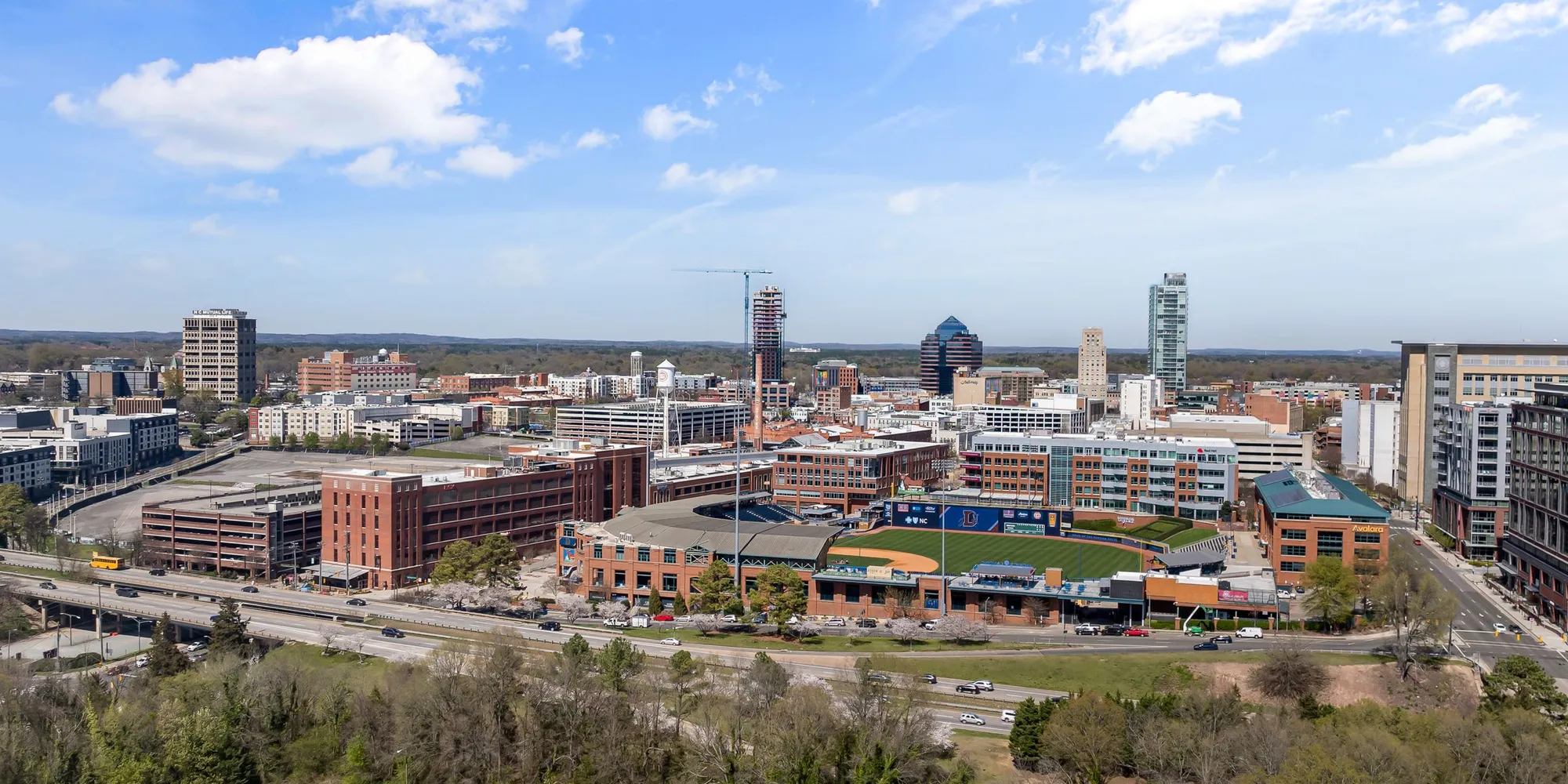 The downtown Durham skyline seen from the west