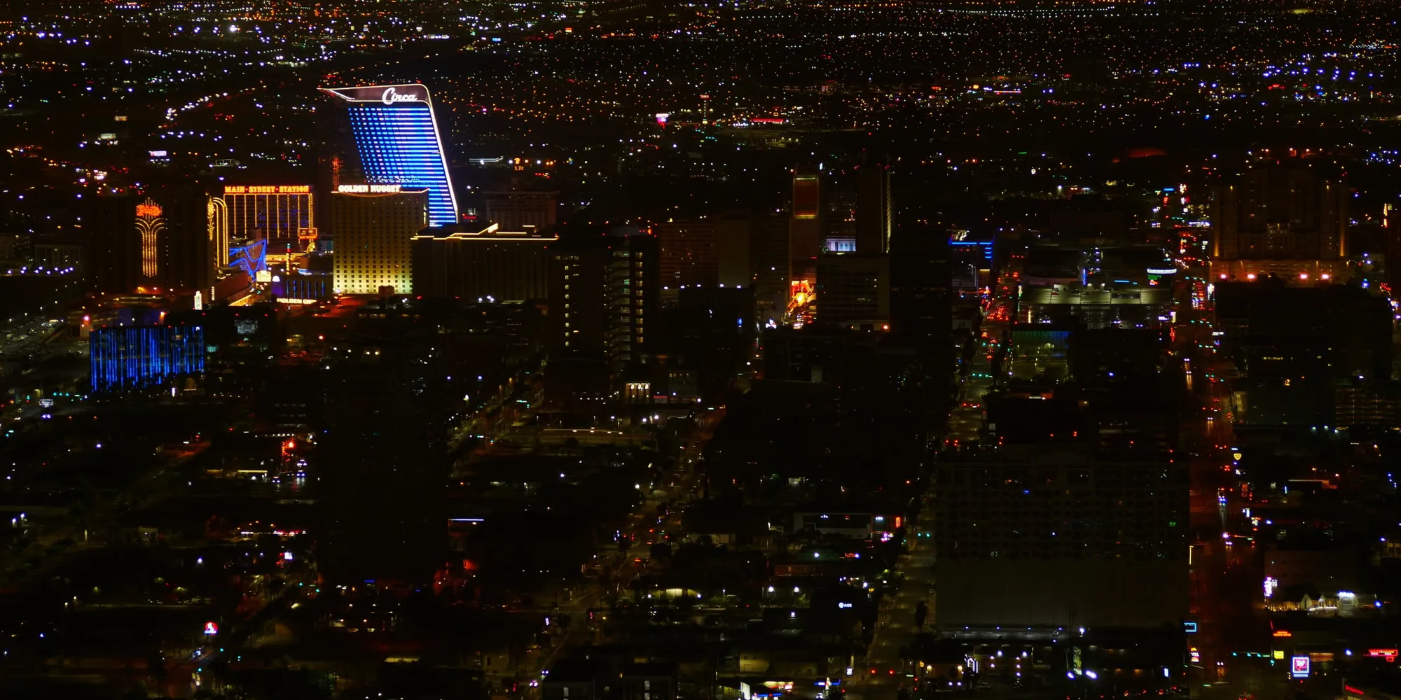 The Las Vegas Strip lit up at night from the air
