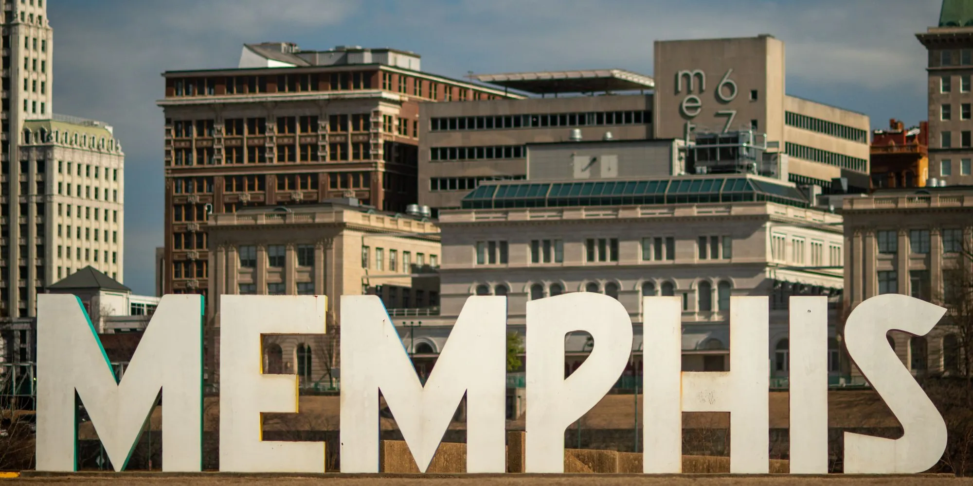 The MEMPHIS letters in front of the downtown Memphis skyline