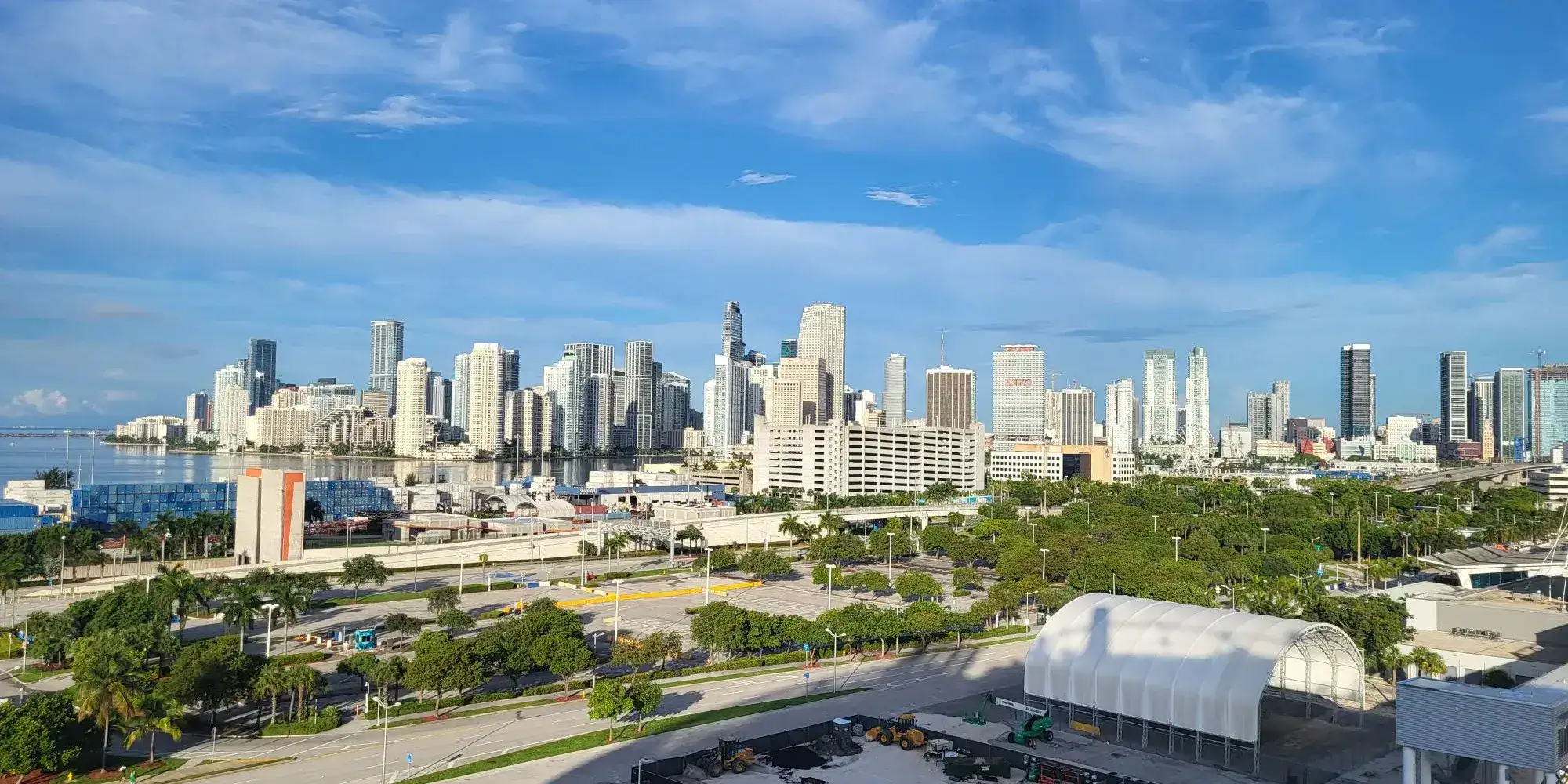 The downtown Miami skyline seen across Biscayne Bay on a clear day