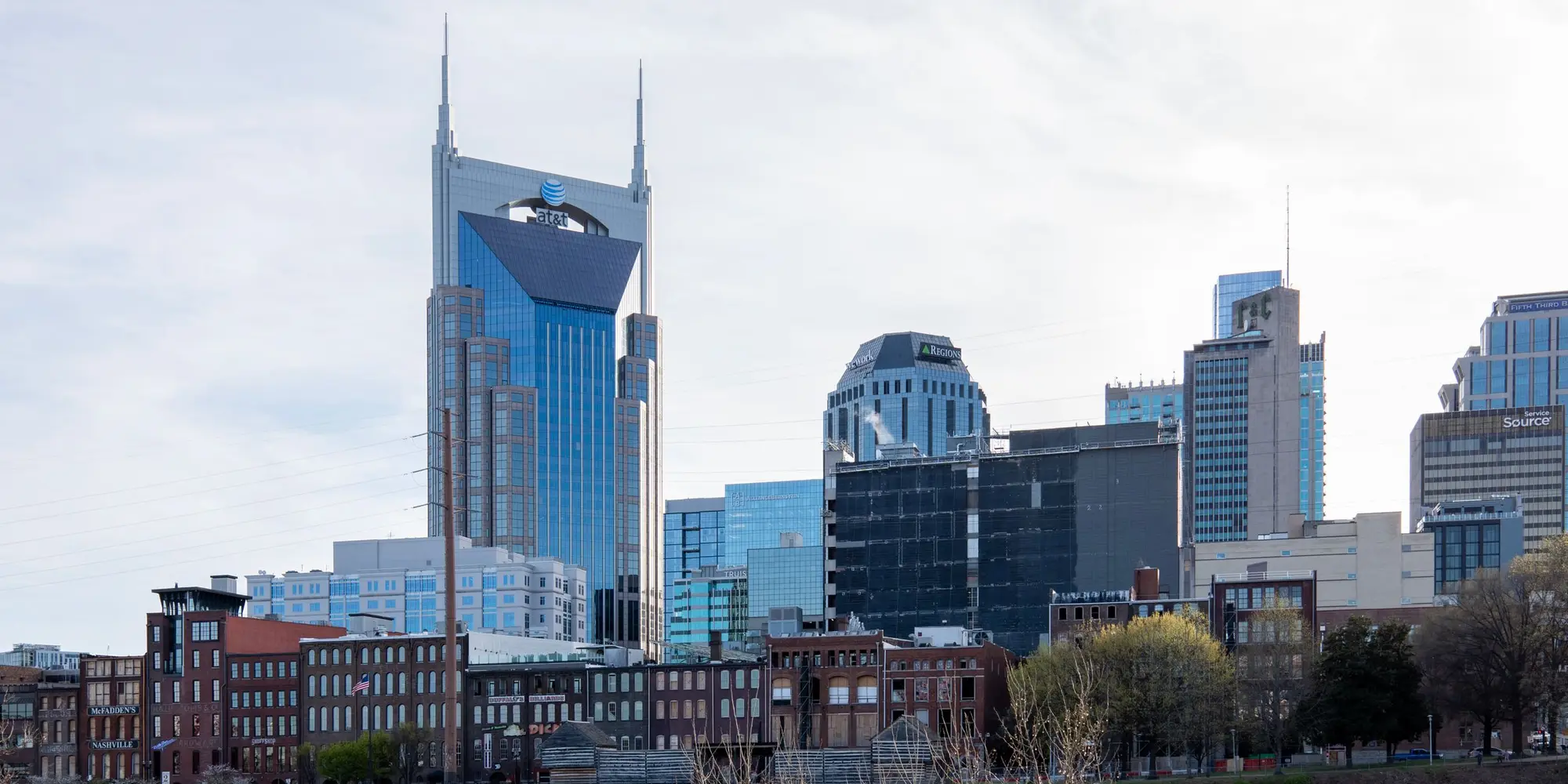 The Nashville skyline and Cumberland River waterfront, with the AT&T Building at its center