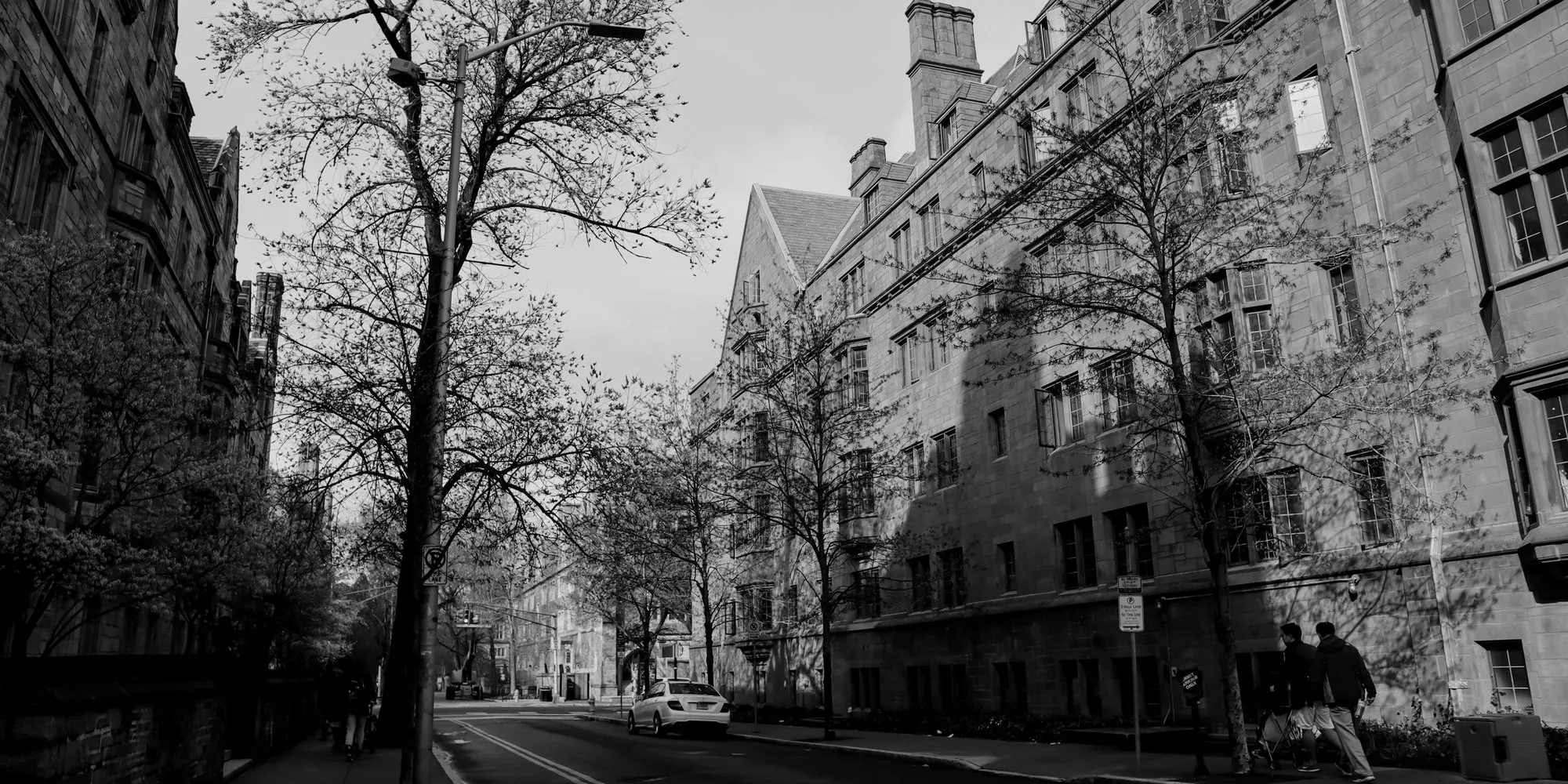 A New Haven street beside the Yale campus in black and white