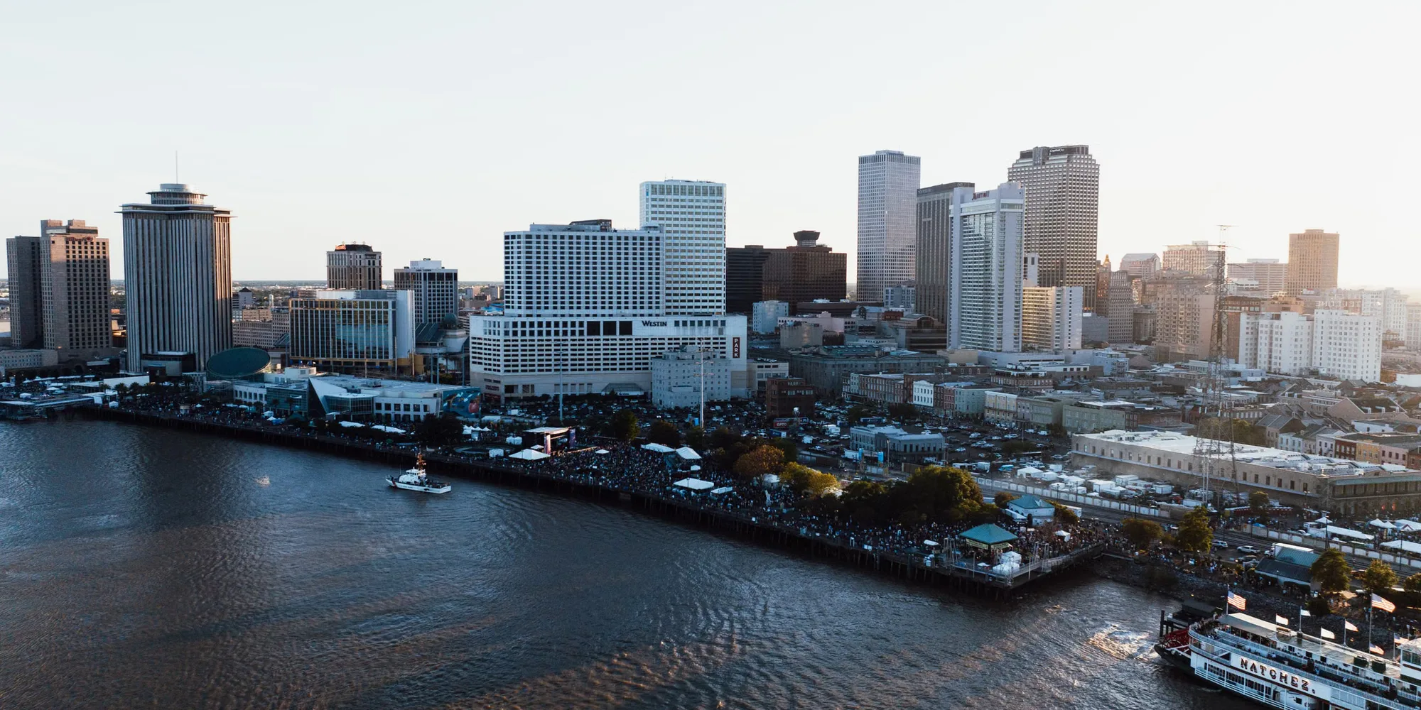 The New Orleans skyline and French Quarter riverfront along the Mississippi