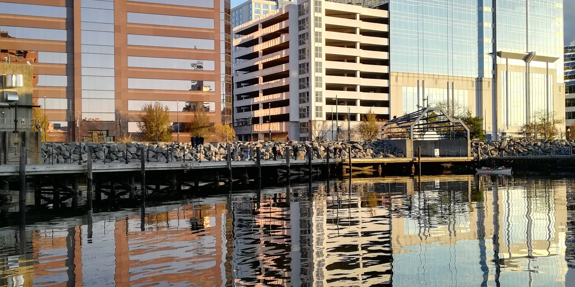 The downtown Norfolk waterfront reflected in the Elizabeth River