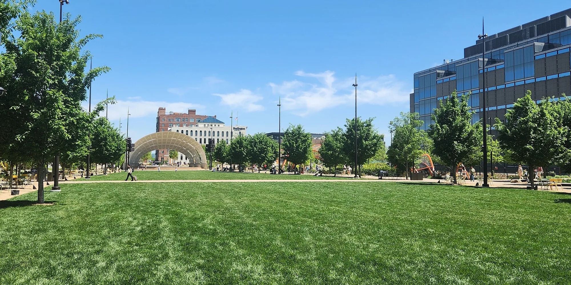 The lawn and performance pavilion at Gene Leahy Mall in downtown Omaha on a clear day