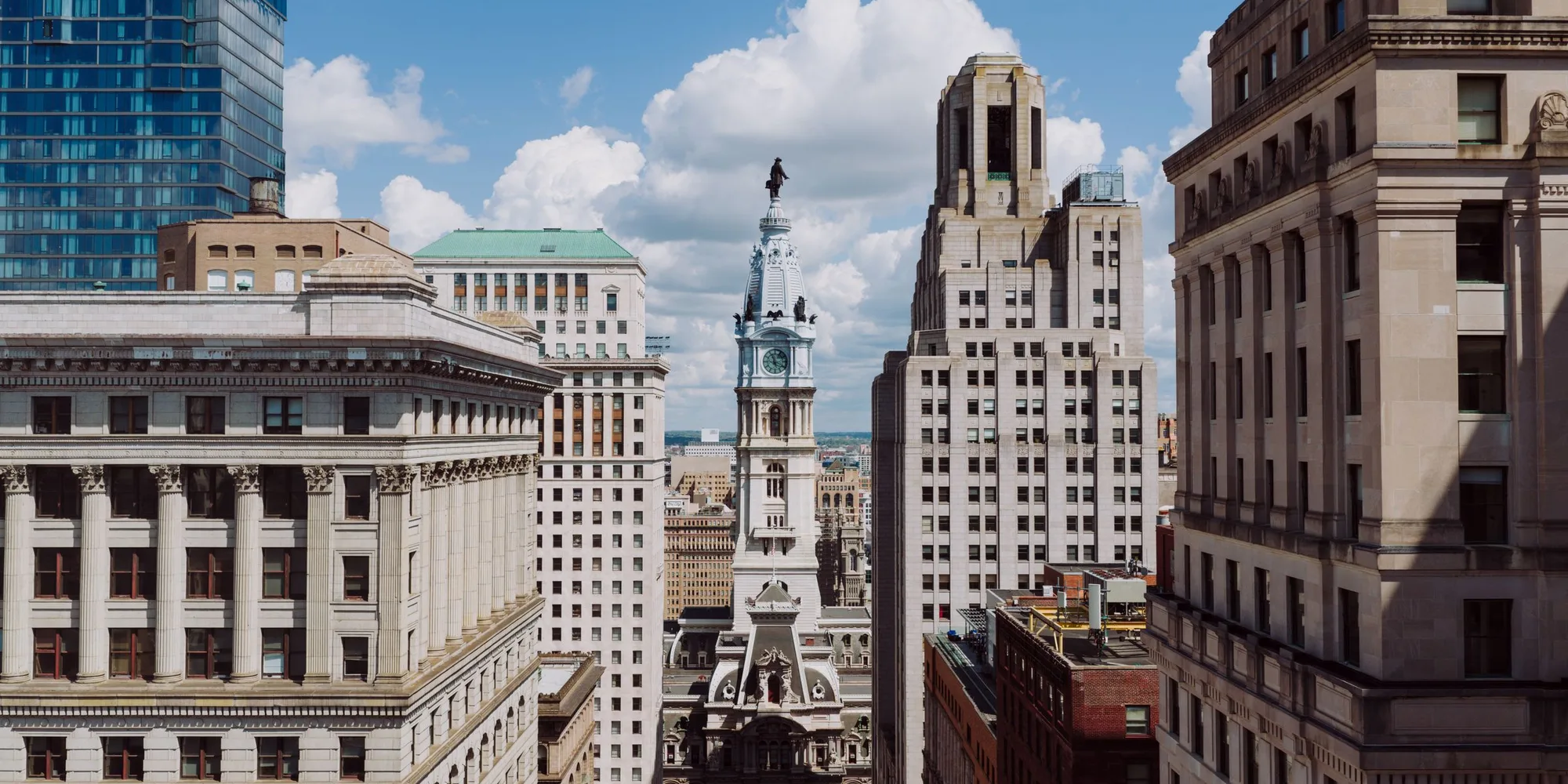 Philadelphia City Hall's tower framed by the buildings of Center City