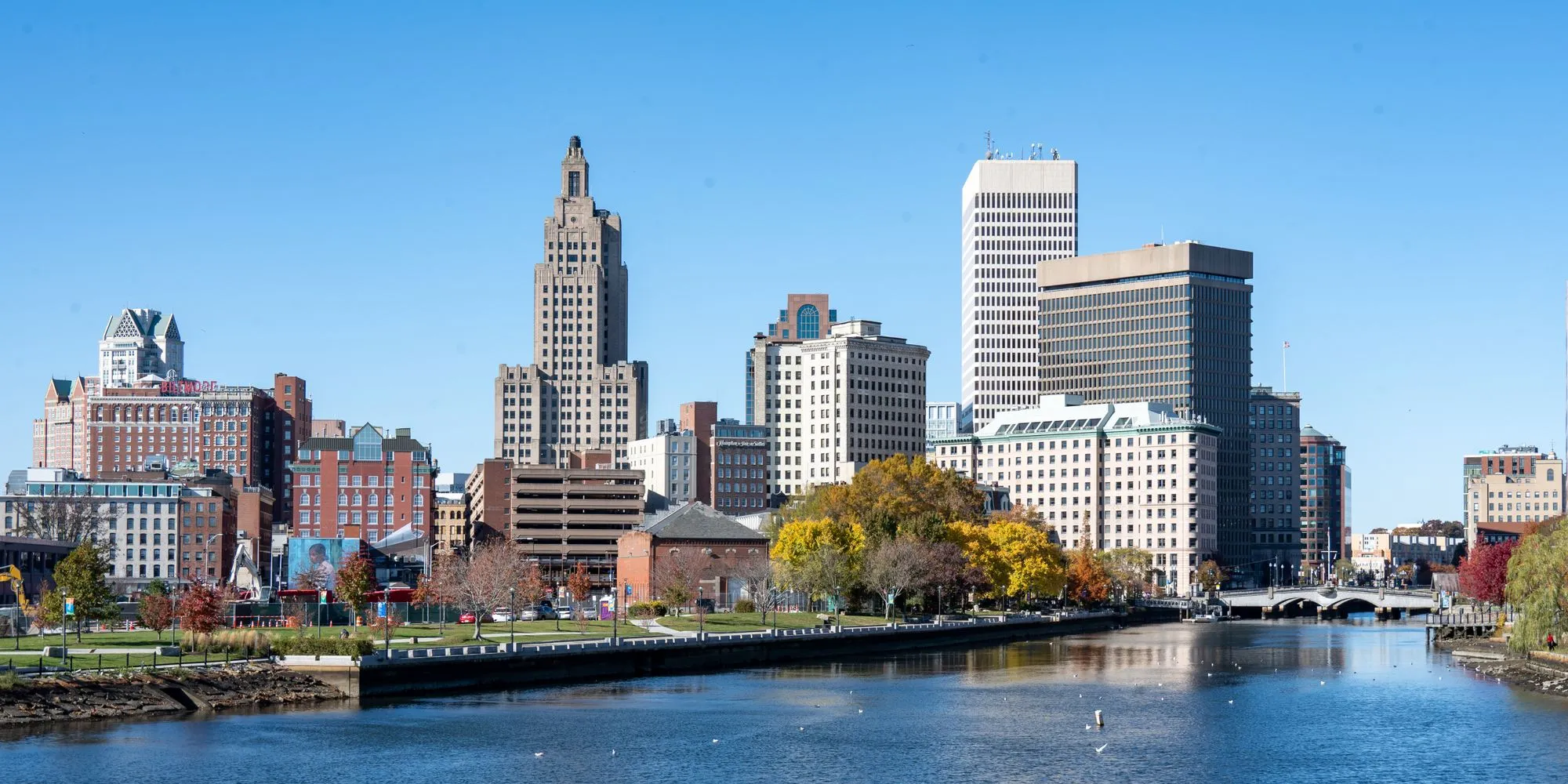 The Providence skyline and the Providence River in autumn