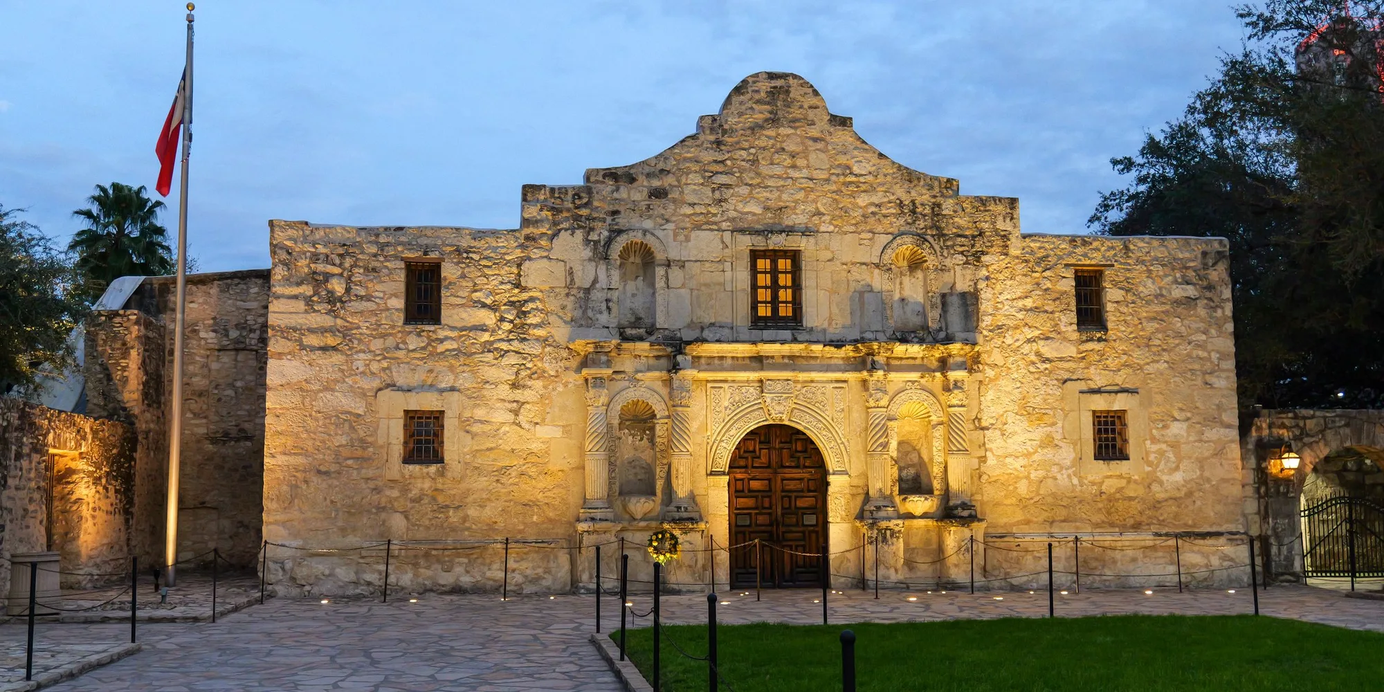 The Alamo in San Antonio, lit at dusk