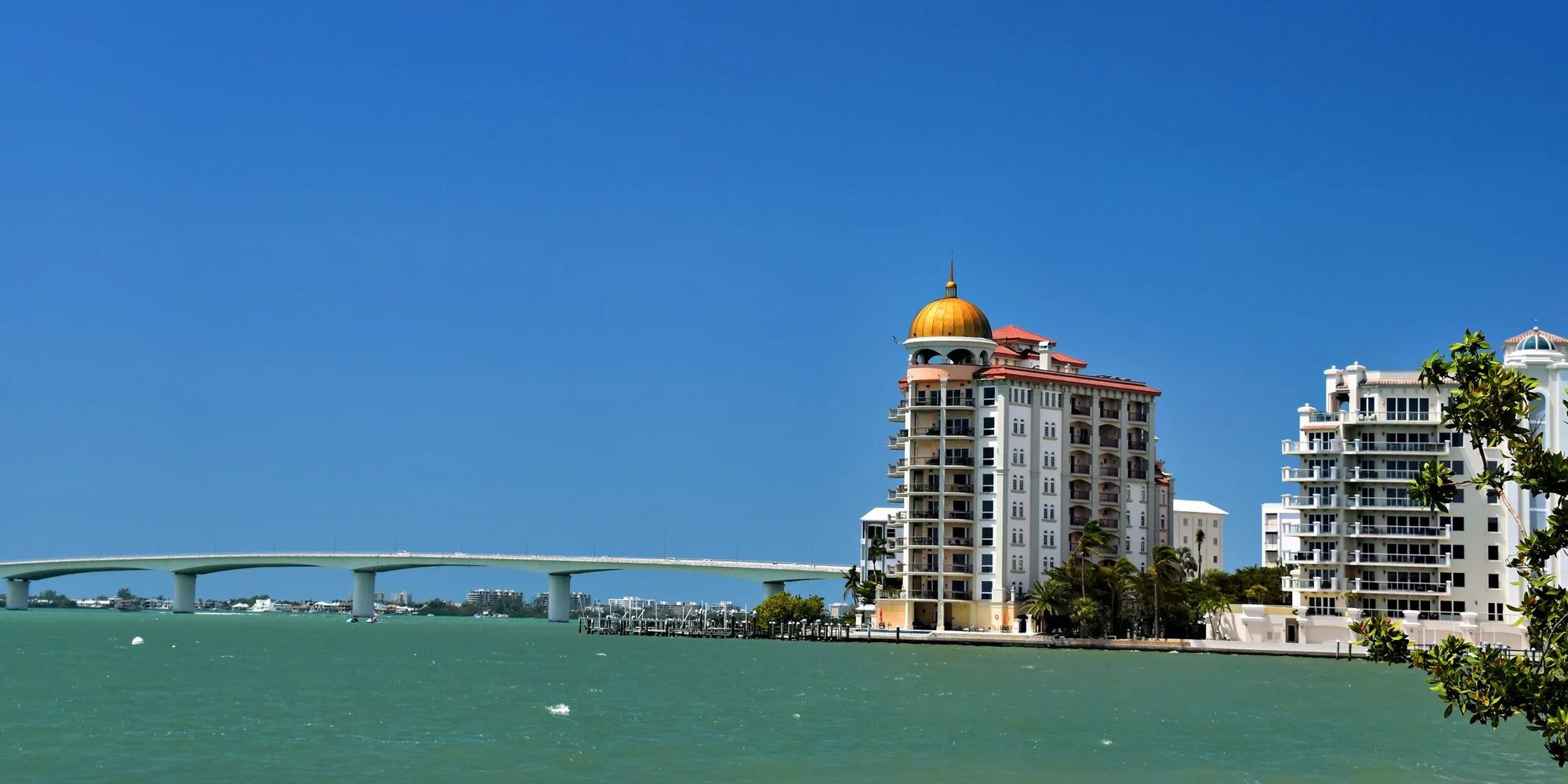 Sarasota Bay with the Ringling Causeway and the gold-domed tower on Golden Gate Point