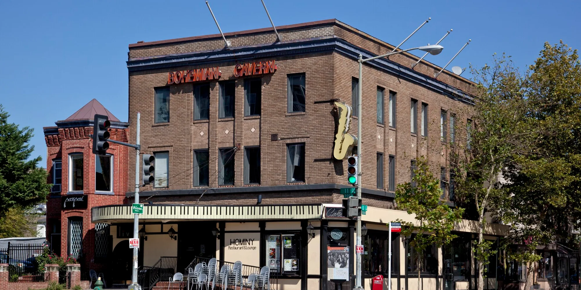 The Bohemian Caverns building at 11th and U Street NW in Washington DC, with its saxophone sign