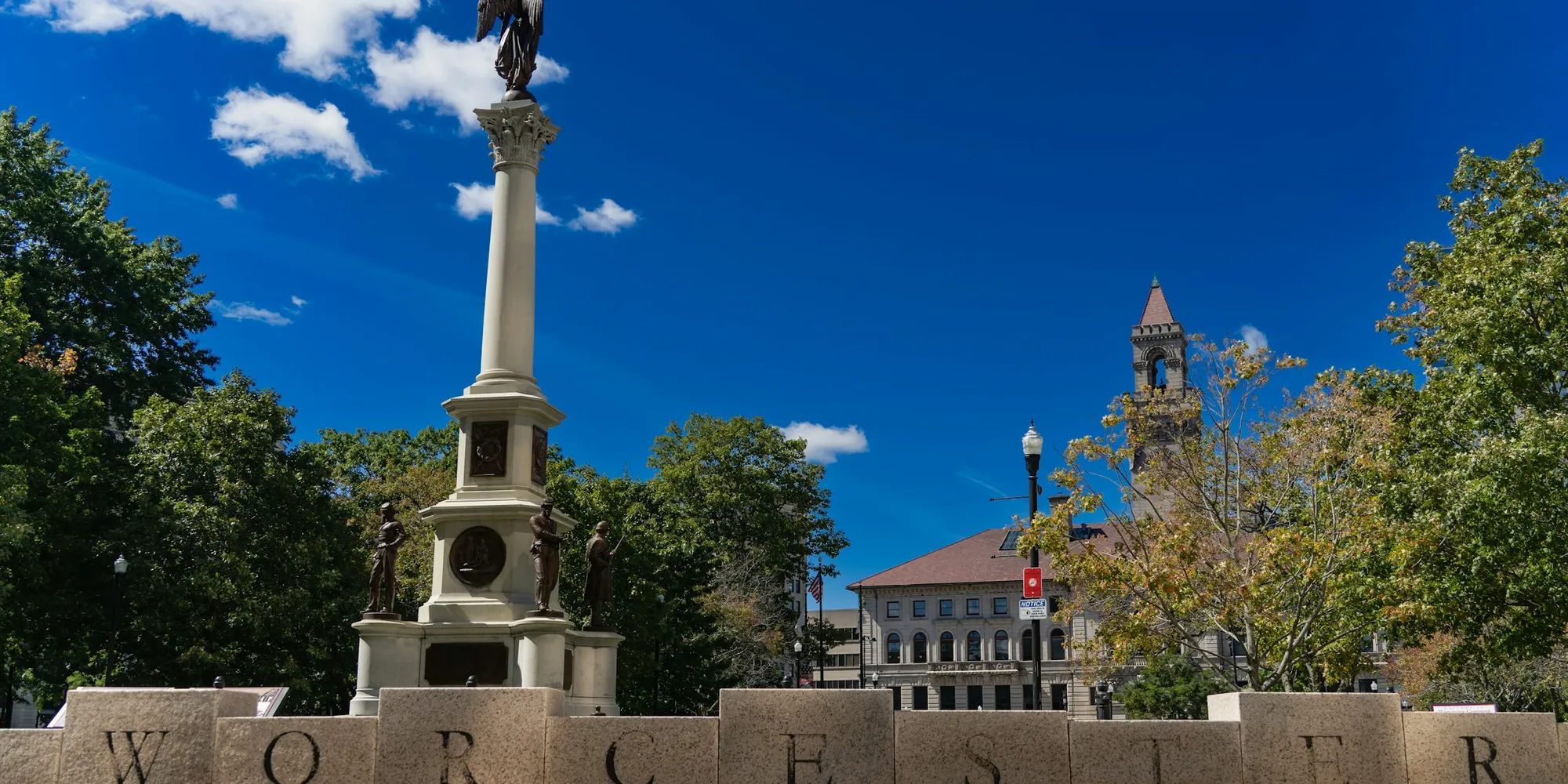 The Civil War monument on Worcester Common with City Hall behind it