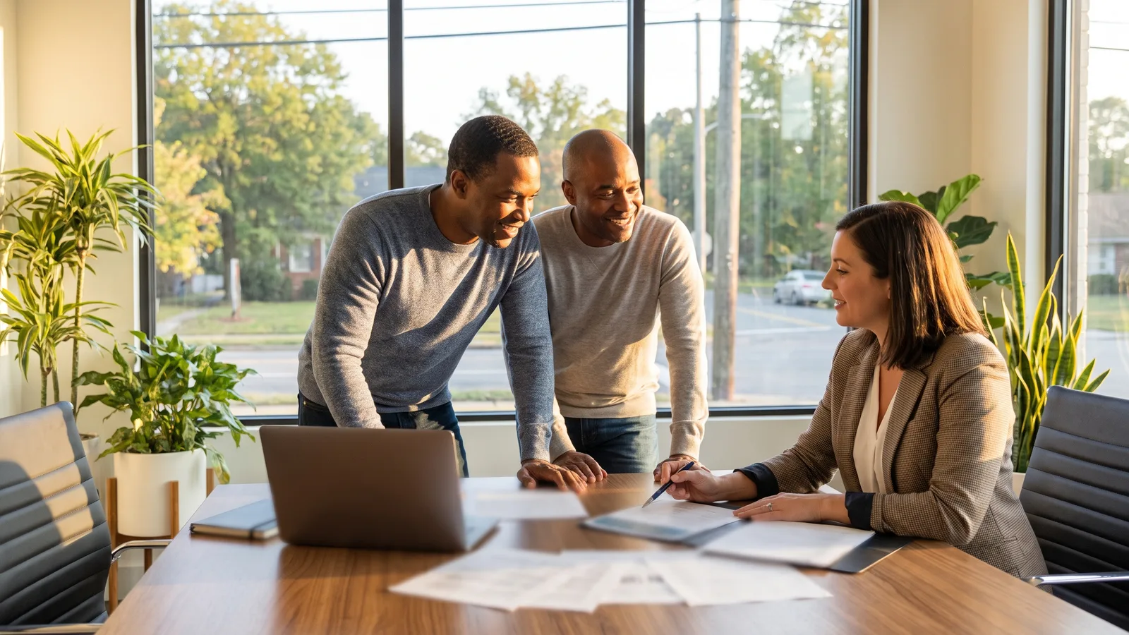 A couple going over listing paperwork with their real estate agent