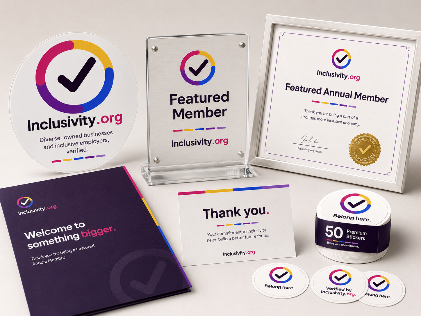 Featured welcome kit — welcome card, door cling, dated acrylic plaque, and sticker roll